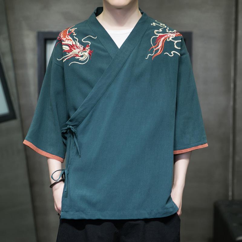 カーディガン メンズ 男性用 チャイナ風 龍 刺繡 切り替え オープンフロント 五分袖 麻混紡 ハンフー 大碼 ゆったりサイズ 春夏 カジュアルスタイル(x2)
