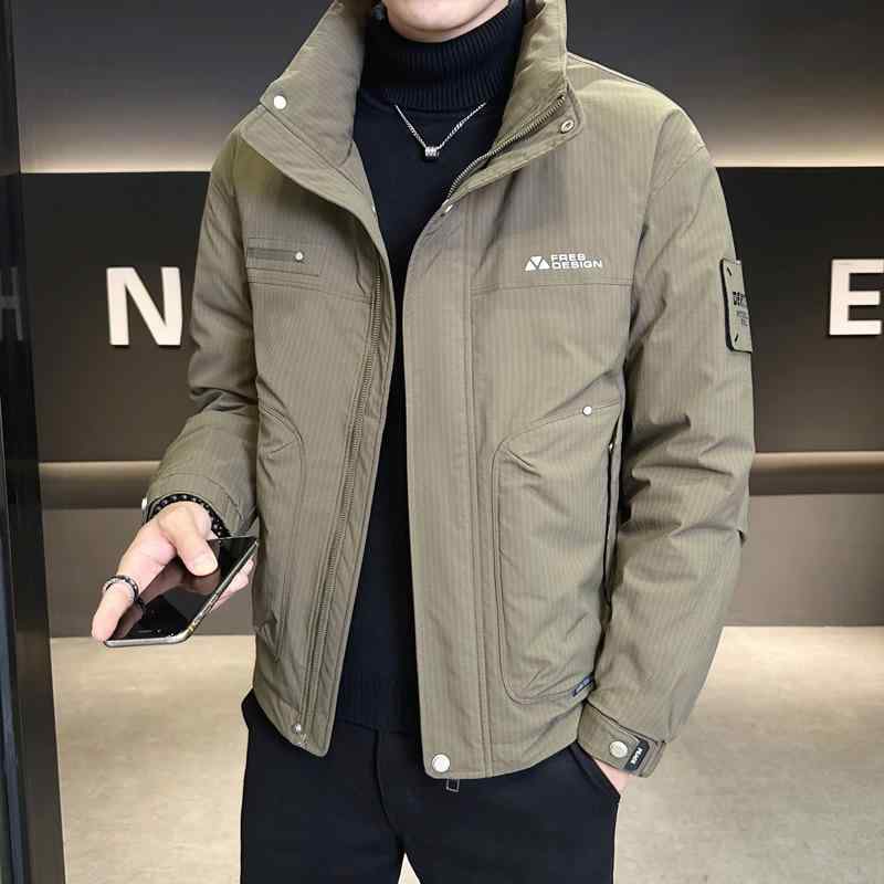 Rain Wear - 羽絨服 メンズ 男性用 立襟 ショート丈 ダウンジャケット 冬 防寒 暖かい 無地 ポリエステル 普段使い アウトドア ブラック系 グリーン系