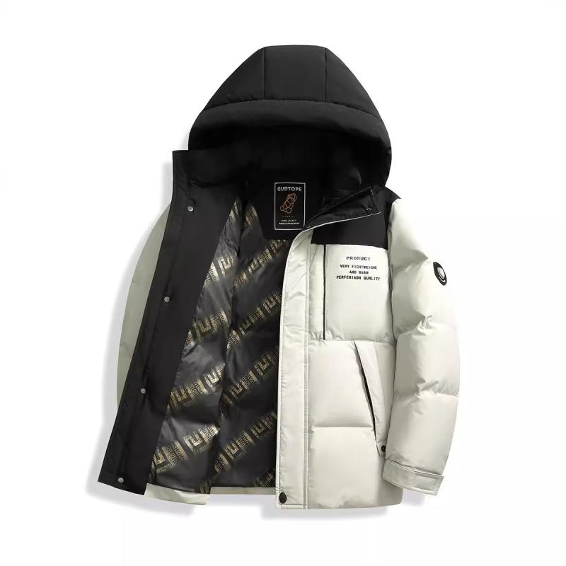 Rakuten - 羽绒服 メンズ ショート丈 フード付き 切り替え アウトドア 防寒 暖かい 白ダックダウン 立襟 ジップアップ ポリエステル 森林グリーン 紺青 月白 黒 秋