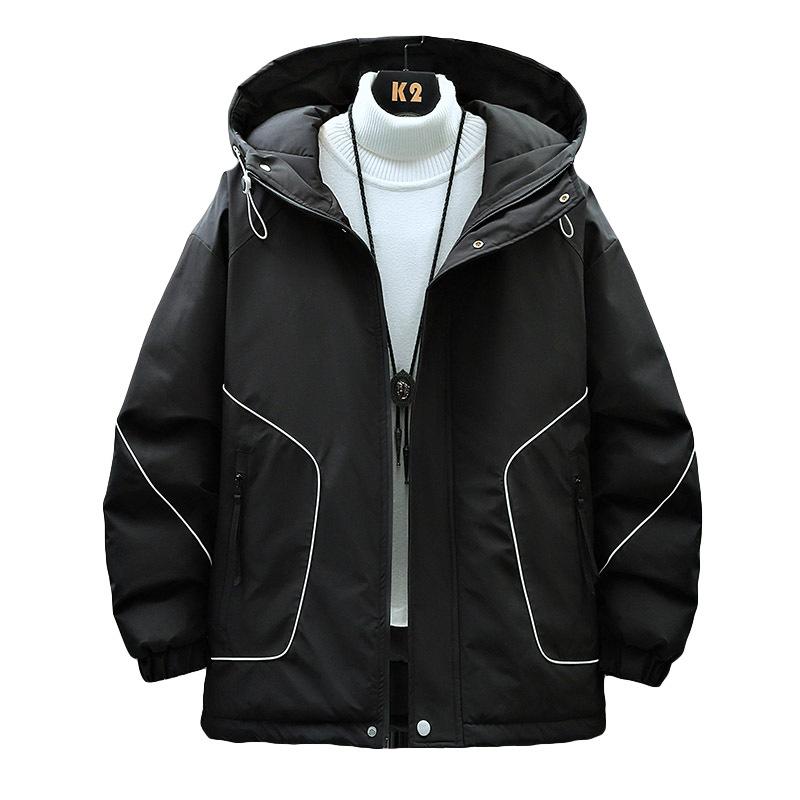Rain Wear - 羽绒服 メンズ 男性用 大きいサイズ ゆったり フード付き 防寒 保温 アウター ジャケット 秋冬 ポリエステル 無地 ブラック カーキ