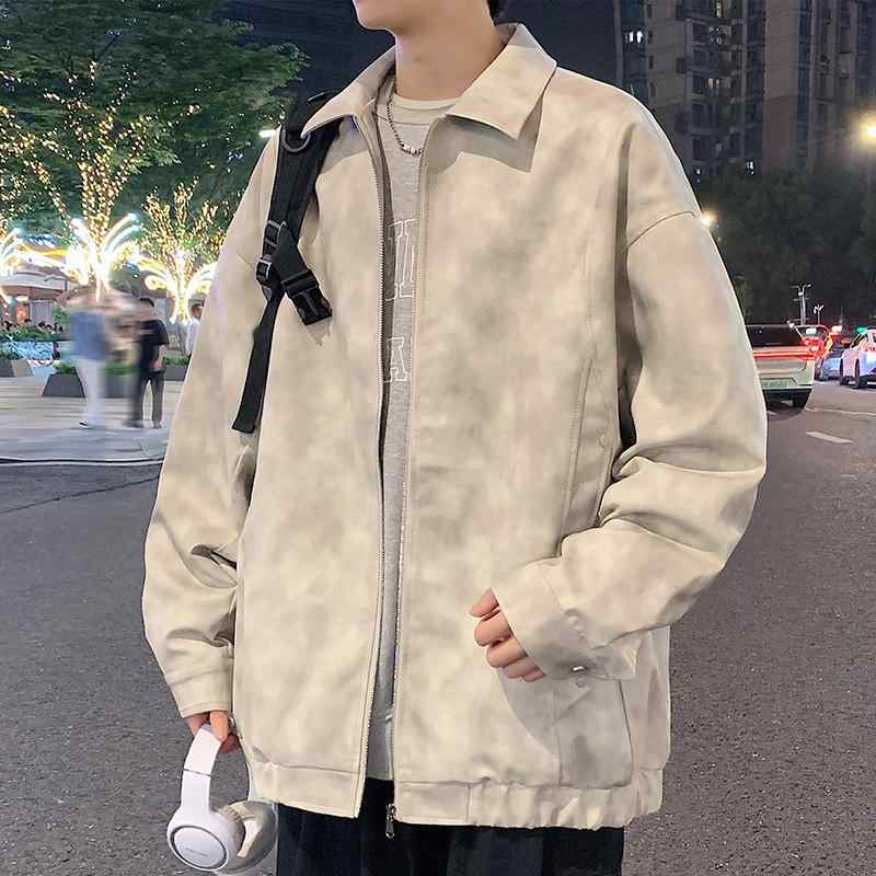 Rain Wear - ジャケット 男性用 耐摩耗 長袖 ルーズフィット スタンドカラー バイカージャケット ブルゾン アウター 白 黒 茶色