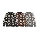 ニット メンズ アーガイル柄 セーター プルオーバー ラウンドネック ポリエステル レトロ カジュアル 普段使い 秋冬 ブラック コーヒー グレー