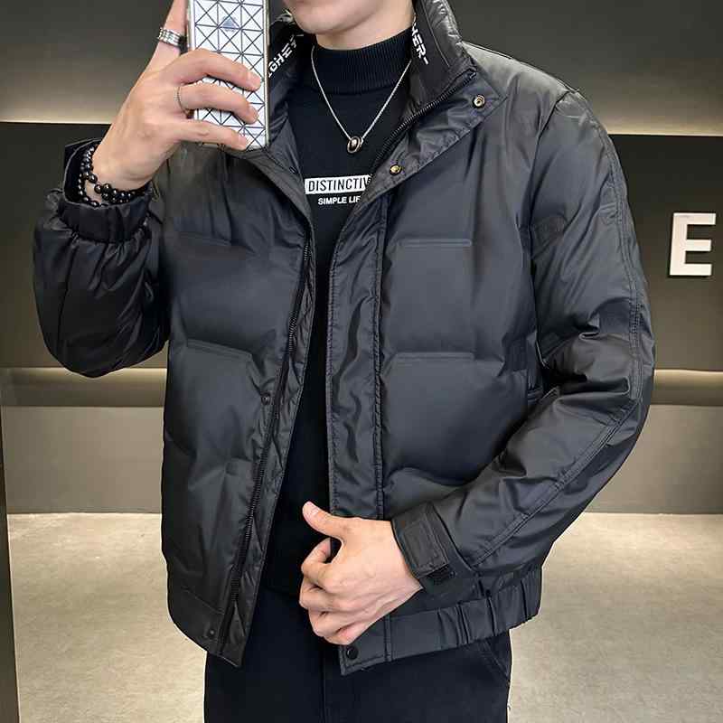 羽绒服 メンズ 男性用 ショート丈 ダウンジャケット スタンドカラー 無地 厚手 防寒 グレー カーキ ブラック 冬 ポリエステル アウター