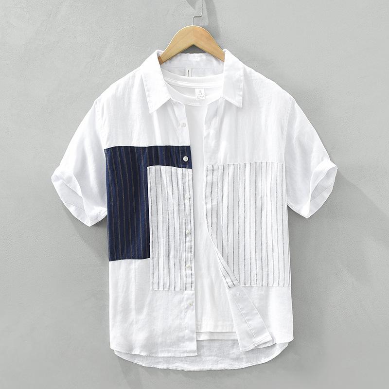 Wear - シャツ メンズ 男性用 麻 リネン ストライプ 切り替え 半袖 薄手 襟付き トップス カジュアル スタイル 白 黒