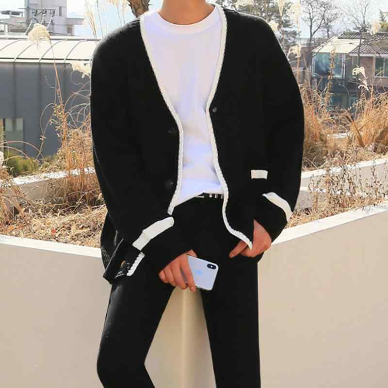 カーディガン メンズ ニットカーディガン Vネック 男性用 秋冬 長袖 配色 ゆったり リラックス 普段使い 黒 ブラック(4)