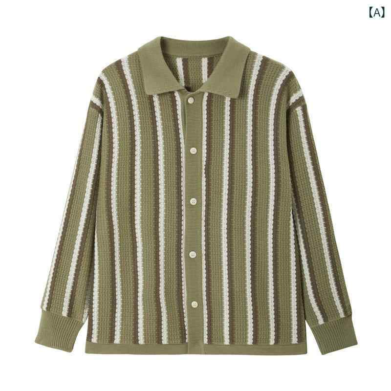 Outdoor Wear - カーディガン メンズ ストライプ ニット アメリカンカジュアル 配色 春物 リラックス 豪華感 長袖 アクリル