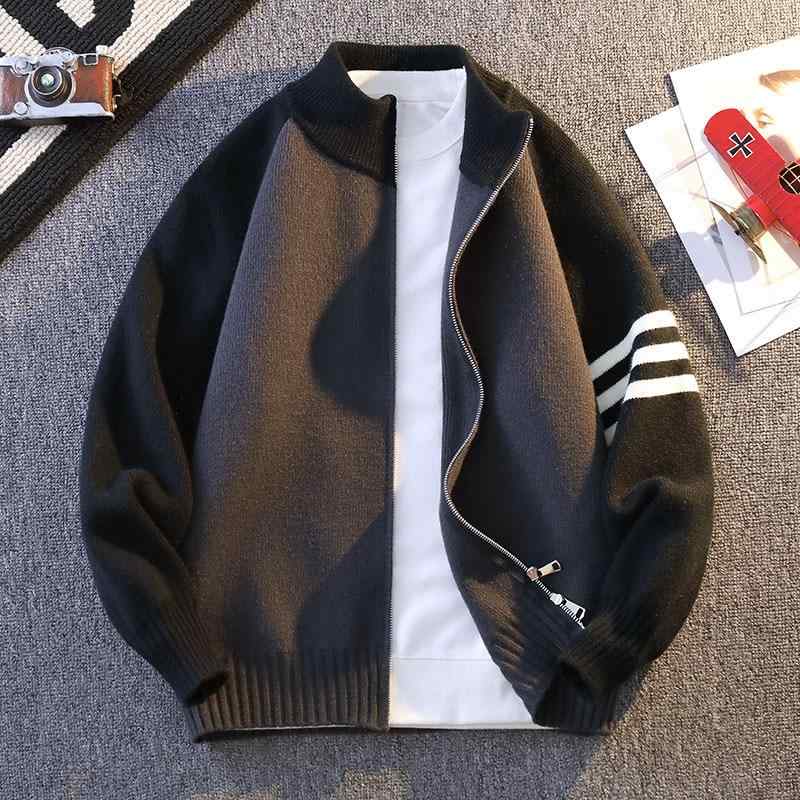 ニット カーディガン メンズ 秋 立襟 配色 長袖 接触冷感 ゆったり リラックス 通勤 普段使い 黒 ブラ..