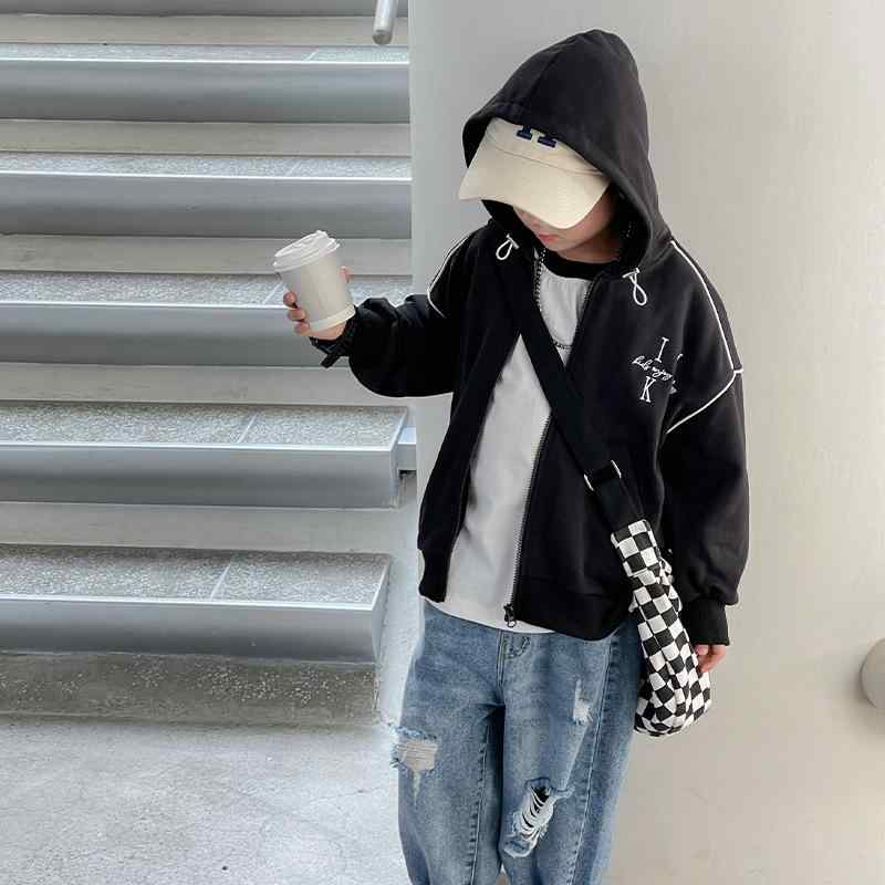 襯衫, T恤 - 子供服 キッズ 男の子 パーカー 薄手 スポーツウェア トップス ボーイズ ジャケット スウェット フード付き 立ち襟 ポリエステル ブラック グレー 春秋 100 110 120 130 140