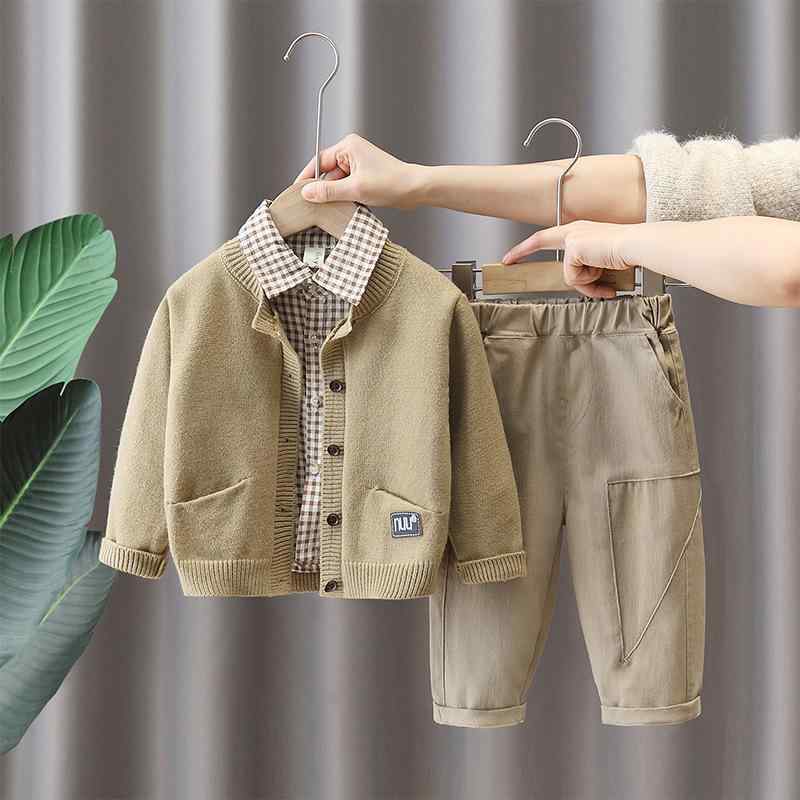 Wear - キッズ 男の子用 セットアップ 春秋 格子柄 シャツ カーディガン 3点セット 子供服 長袖 パンツ 上下セット 綿85% ベージュ系 100cm 110cm 120cm 130cm 140cm
