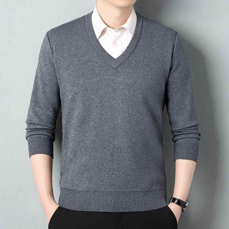 Wear - ニット メンズ Vネック プルオーバー 長袖 無地 秋冬 トップス 40代 50代 60代 普段使い リブ 墨緑 浅灰 大红 酒红 藏青 米驼 中灰 黒灰