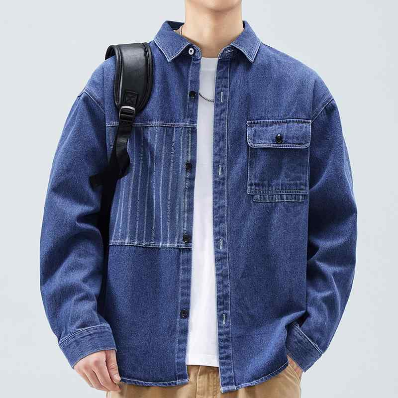 シャツ メンズ デニム ワーク 長袖 カーディガン ジャケット ブルゾン 配色 切り替え コットン混紡 秋冬 防皺 耐摩耗 吸湿性 伸縮性 普段使い 40代 50代・カテゴリ: シャツ・・生地: 綿混紡・素材機能: 防しわ.耐摩耗性.吸湿・タイプ: カーディガン・フィット: ゆったり・襟型: 襟付き・袖丈: 長袖・柄: 無地・・対象: 若者・主な生地構成: 綿47.8%・適用シーン: 日常・色: ダークブルー.ブラック.ライトブルー・サイズ: M.L.XL.2XL.3XL.4XL・対象シーズン: 秋・加工: ノンアイロン・対象年齢: 成人・対象性別: 男性・組成: 綿47.8%.再生セルロース繊維29.7%.ポリエステル繊維20%.-2.5%