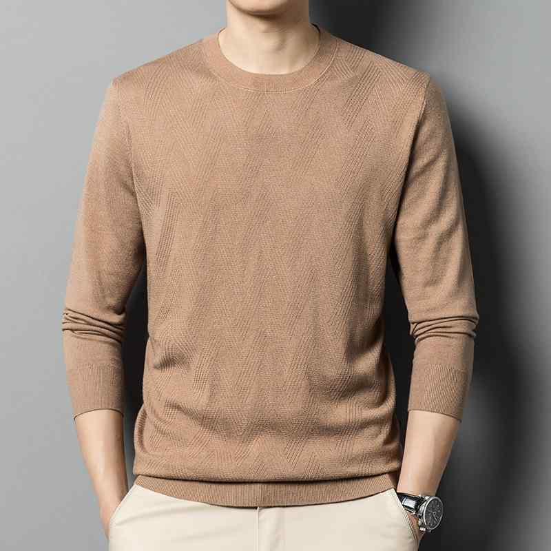 ニット メンズ 薄手 長袖 ウール混 クルーネック Tシャツ カットソー 桑蚕糸 カジュアル スタイル トップス 春秋 ミディアムブルー グレー グリーン ブラック