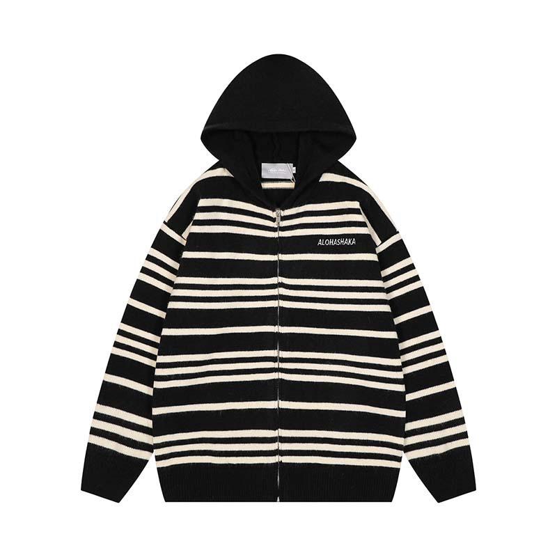 ニット メンズ カーディガン 長袖 ストリート カジュアル ゆったり フード付き 秋冬 ブラック 黒 杏色 ..