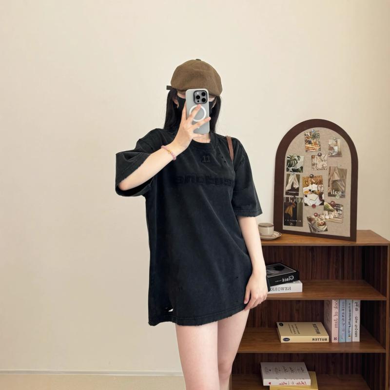 Tシャツ レディース 美式 ストリート 水洗い加工 ダメージ ラウンドネック コットン ゆったり 半袖 トップス 水色 黒