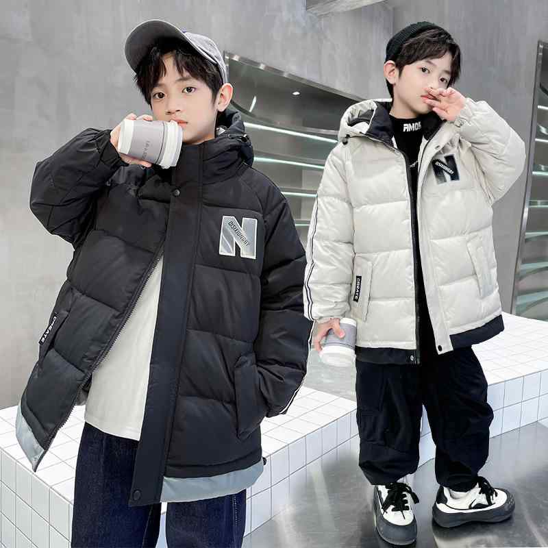 子供用綿コート 男の子 中綿 ジャケット フード付き 中長丈 アウター 秋冬 アルファベット柄 厚手 8歳以上 140cm以上 キッズ 普段着 部屋着 ポリエステル