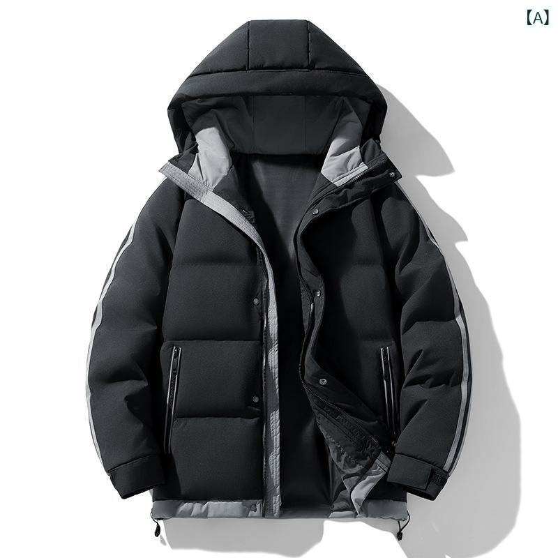 Rain Wear - ダウンジャケット メンズ 大きいサイズ 中綿 コート フード付き 防寒着 暖かい ポリエステル アウター ブラック カーキ グレー グリーン 秋冬