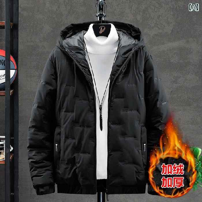 Rain Wear - 綿ジャケット メンズ 冬用 アウター 厚手 ストリート 防寒 フード付き コットン 無地 黒 緑 カーキ
