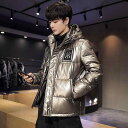 羽絨服 メンズ ショート丈 ダウンジャケット 韓国 スリム カジュアル 厚手 防寒 フード付き ペア シルバー ブラック ブルー 冬 ポリエステル 普段使い