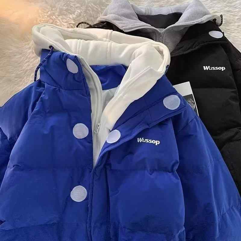 Rain Wear - ジャケット メンズ 男性用 ダウン風ジャケット 中綿 連帽 フード付き ブルゾン アウター 厚手 防寒 暖か 無地 黒 ブラック 青 ブルー 秋冬