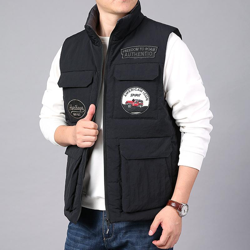 Rain Wear - ダウンベスト 男性用 中綿 秋冬 立襟 ブラック 防寒 あったか チョッキ 多ポケット 作業着 アウトドア 普段使い