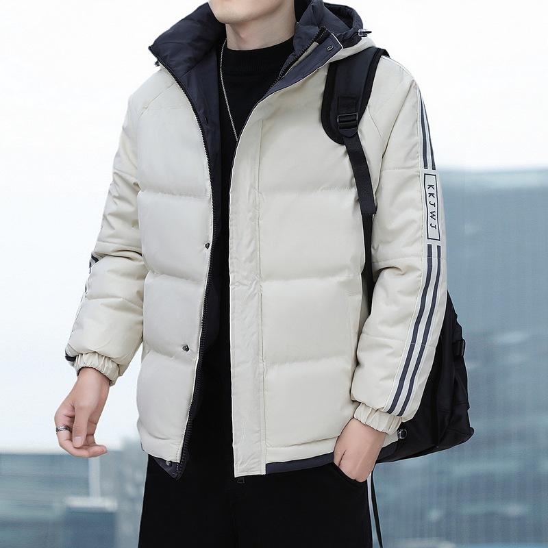 Rain Wear - 棉ジャケット メンズ 秋冬 厚手 アウター フード付き 男性用 大きいサイズ ゆったり 暖かい ストリート カジュアル ポリエステル 防寒 米白 黒 グレー