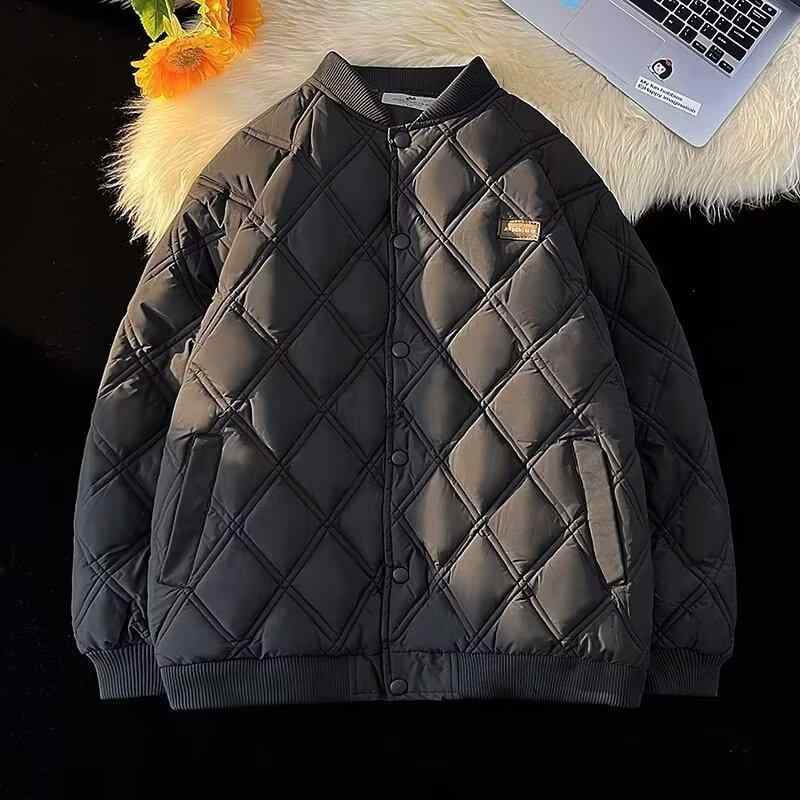 ジャケット 男性用 中綿 野球服 スタンドカラー ひし形 厚手 防寒 アウター ブラック 黒 グレー カーキ ゆったり ルーズ あったか