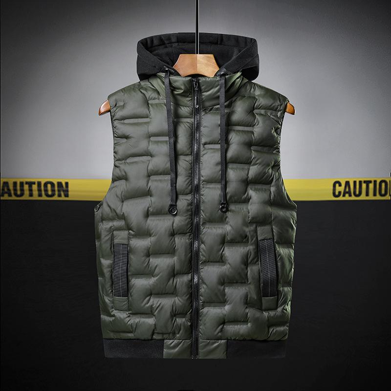 Rain Wear - ベスト メンズ ダウン風ベスト フード付き 男性用 チョッキ ゆったり スポーツ 秋冬 ポリエステル 無地 黒 ブラック グレー カーキ サイドポケット