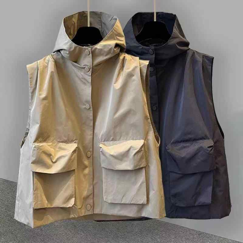 ベスト 男性用 ワークベスト フード付き ノースリーブ ジャケット トップス アウトドア ウェア ブラッ..