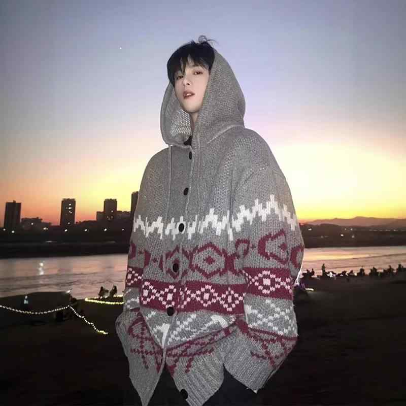 ニットカーディガン メンズ 韓国 フード付き 提花 ゆったり ストリート 長袖 ポリエステル 秋 グレー