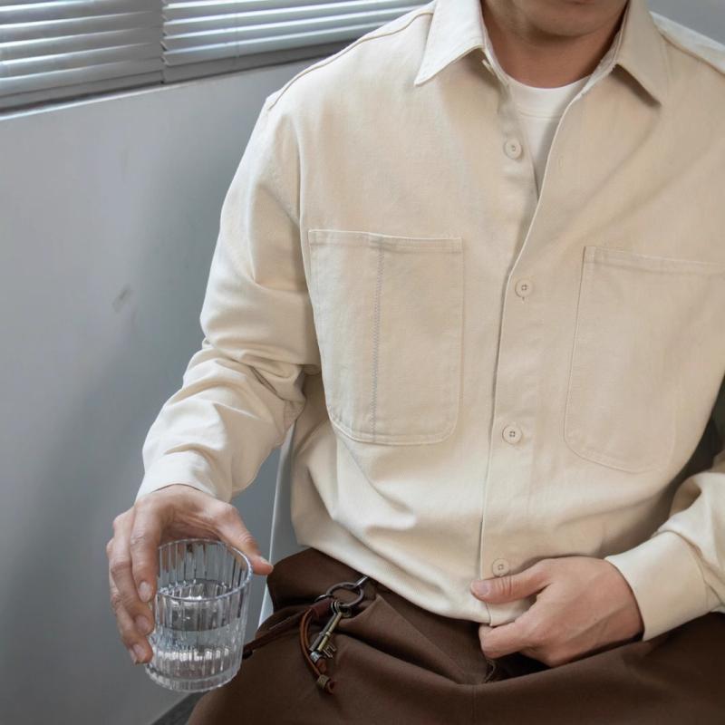 シャツ メンズ 男性用 長袖 コットン ブレンド 刺繡 ダブルポケット ライトアウター 春秋 杏色 ピンク系 グリーン ブラック
