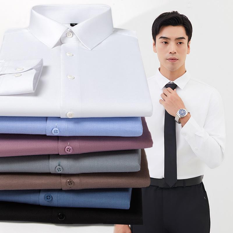 シャツ メンズ 男性用 ウール混紡 長袖 ビジネス カジュアル トップス 無地 合体型 白 青 グレー コーヒー色 普段使い(x2)