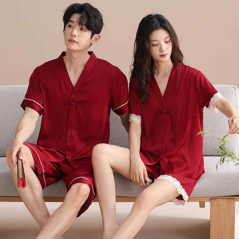 パジャマ レディース メンズ 新婚 結婚祝い ペア セットアップ 接触冷感 半袖 短パン 薄手 ポリエステル レッド 赤 涼しい 快適 部屋着 寝間着