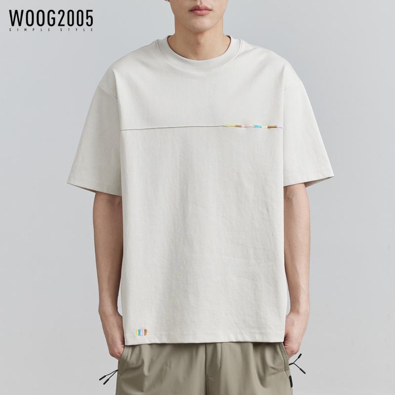 Tシャツ メンズ 半袖 コットン 刺繍 クルーネック 無地 ゆったり ミルクホワイト