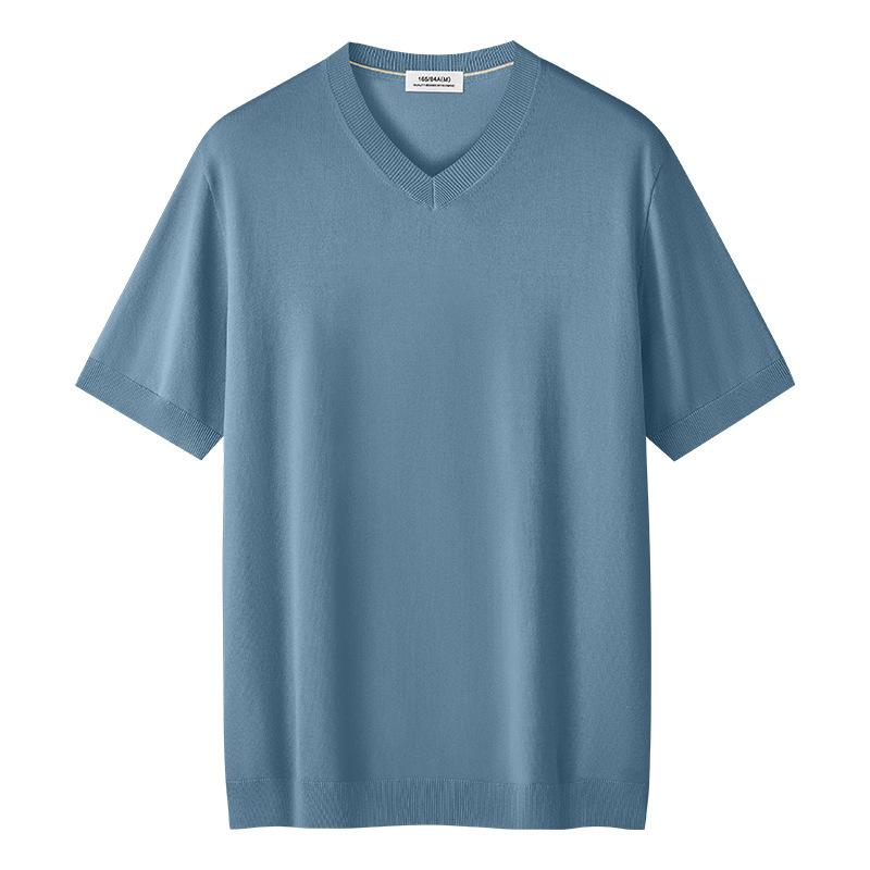 Tシャツ メンズ Vネック 半袖 再生繊維 ニット 薄手 無地 リブ 夏ニット ブラック グレー ホワイト