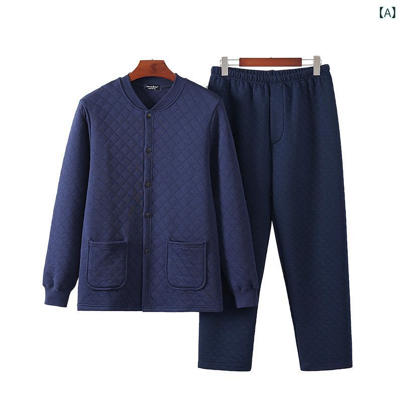 パジャマ メンズ 男性用 レディース 全綿 あったか 上下セット シニア 3層 Vネック 前開き 厚手 暖か 保温 紺色 ネイビー グレー(x2) 2