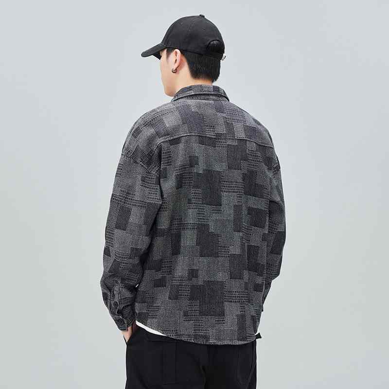 シャツ メンズ 男性用 日系復古柄 チェック柄 ネルシャツ風 デニムジャケット風 Gジャン風 ライトアウター カジュアル 羽織り物 長袖 コットン 綿 春秋 黒 ブラック 青 ブルー