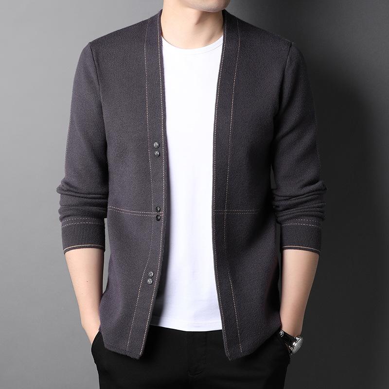 ニット メンズ カーディガン 春秋 Vネック 長袖 配色 30代 40代 50代 ビジネス カジュアル 普段使い 部屋着 ブラック ブルーグレー