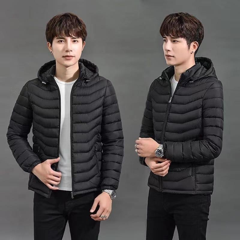 Rain Wear - ダウンジャケット メンズ 男性用 ジャンパー ブルゾン フード付き ポリエステル 大サイズ ストライプ 格子柄 秋冬 ブラック グレー 紺色