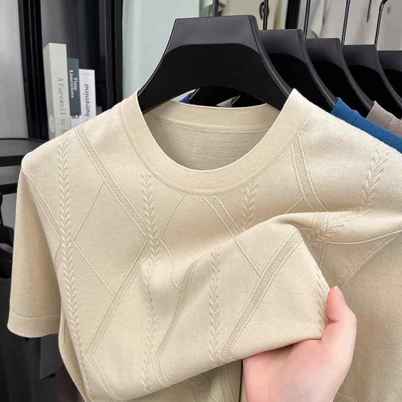Tシャツ メンズ 男性用 半袖 ニット トップス 接触冷感 格子柄 薄手 夏 カジュアル スタイル 普段使い