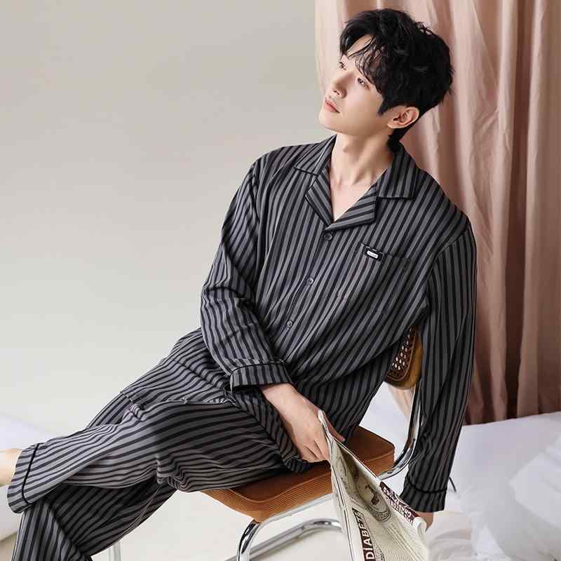 パジャマ メンズ 男性用 春秋 長袖 綿 ストライプ柄 プリント 前開き コットン 部屋着 ルームウェア 上..
