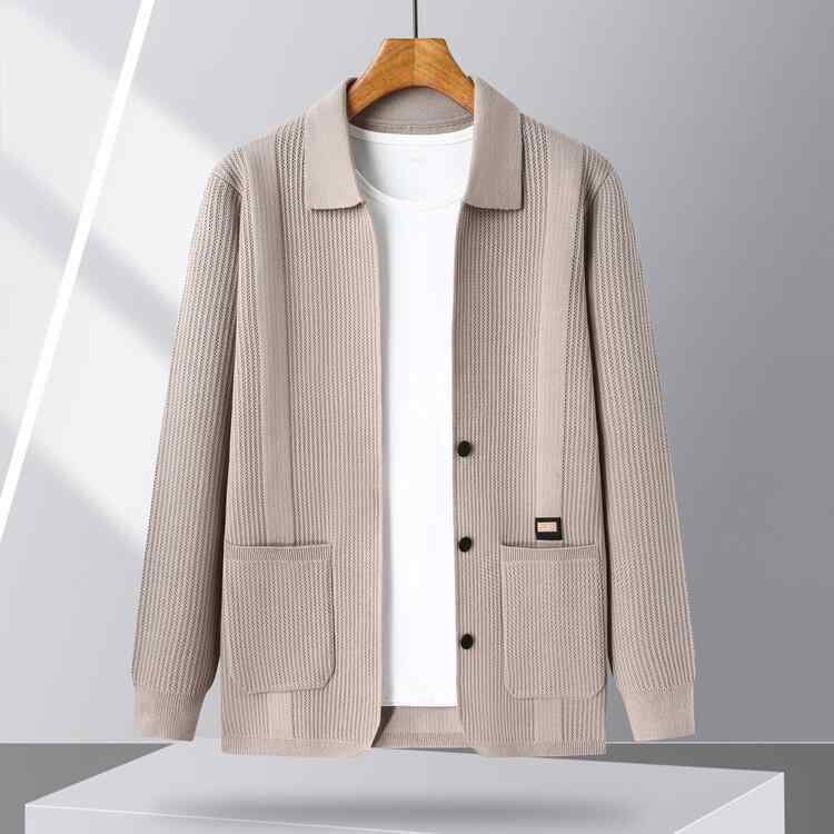 カーディガン メンズ ニット カーディガン 春物 トップス 無地 襟付き 紳士服 リブ編み 伸縮性 グレーグリーン キャメル ブラック(4)