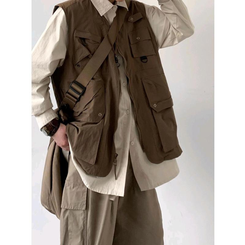 Rain Wear - ベスト メンズ 多ポケット レイヤード風 ワーク ミリタリー 春秋 ルーズ ゆったり Vネック 前開き トップス ポリエステル ブラウン ブラック 立体ポケット