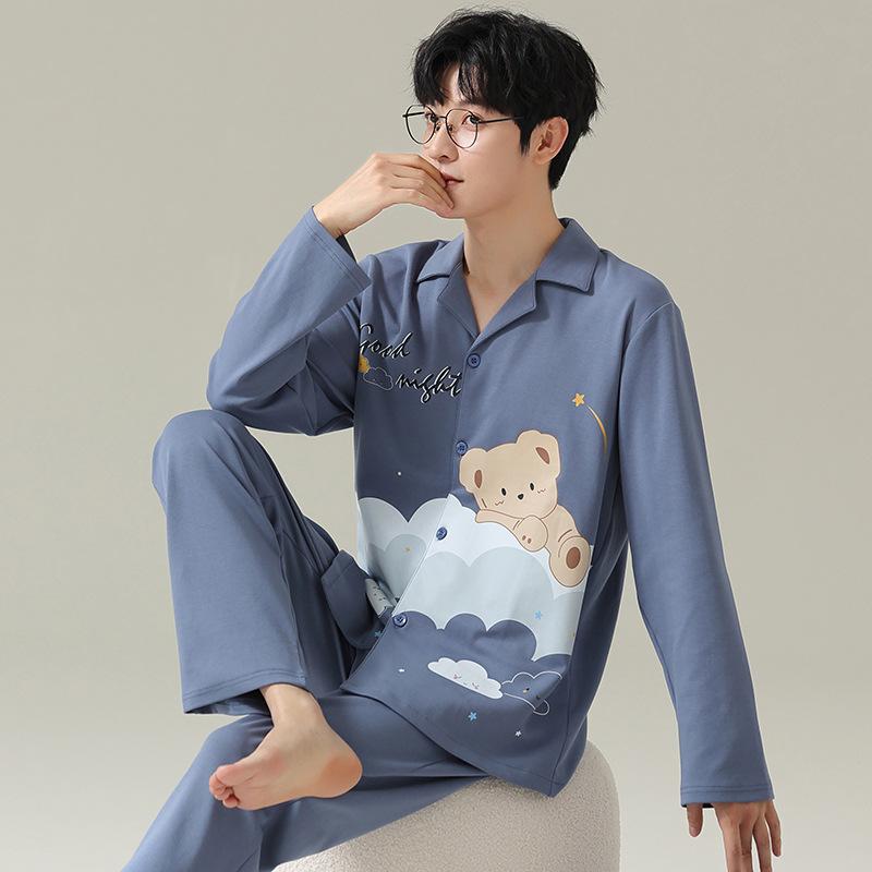 パジャマ メンズ 男性用 春秋 長袖 長ズボン 綿 コットン 上下セット ルームウェア 部屋着 寝巻き 前開..