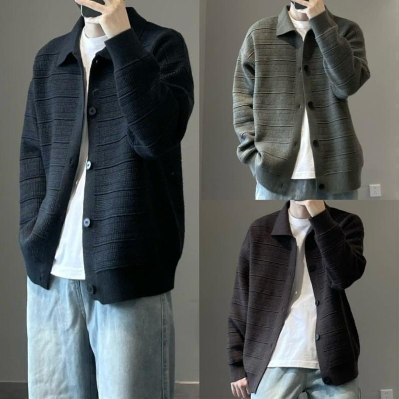 カーディガン 男性用 ニット カーディガン 秋冬 韓国 黒 緑 茶色系 襟付き 厚手 長袖 普段使い