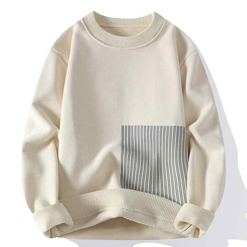 ニット メンズ ニットトップス 長袖 丸首 プルオーバー 暖か 裏起毛 ゆったりサイズ 配色 秋冬 アイボリー グレー ブラック カーキ コーヒー色