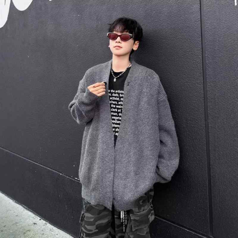 ニットカーディガン メンズ 秋冬 韓国 リラックス ゆったり 長袖 トップス 羽織り 無地 カジュアル ブラック系 グレー系
