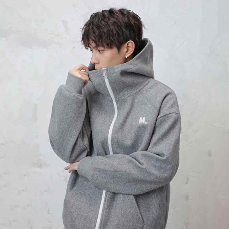 パーカー メンズ 秋服 アメリカンレトロ 配色 ジップアップ ジャケット 厚手 スウェット フード付き ポリエステル 刺繍 ルーズ 白花灰 黒 深灰 モカブラウン