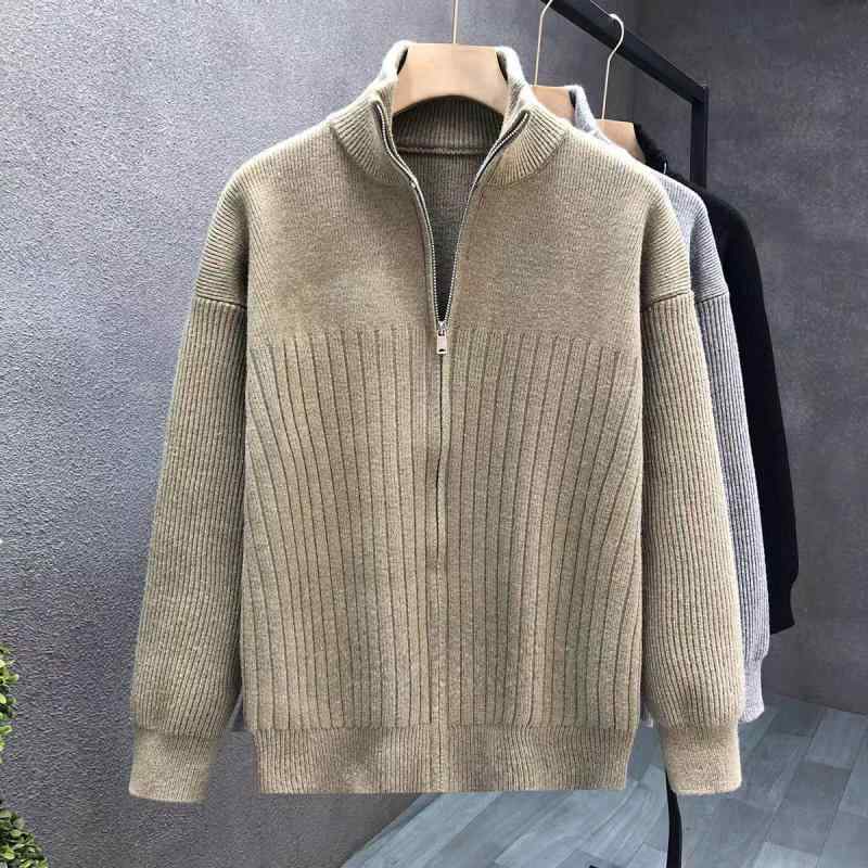 カーディガン メンズ ニットカーディガン ジップアップ 秋冬 ニットセーター トップス 長袖 ハーフハイネック リブ 裾 ポリエステル混紡 グレー 黒 カーキ コーヒー色