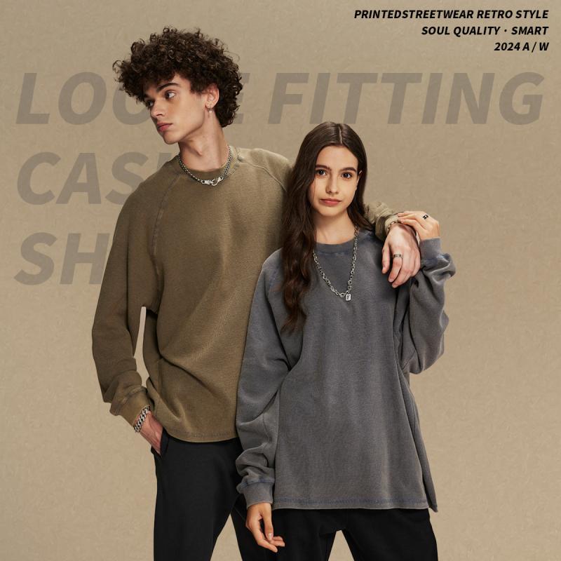 Tシャツ メンズ 長袖 ワッフル生地 絞り染め ユーズド加工 ドロップショルダー ビッグシルエット 無地 コットン カットソー 普段使い 秋 水洗い グレー ブルー系 グリーン ブラック