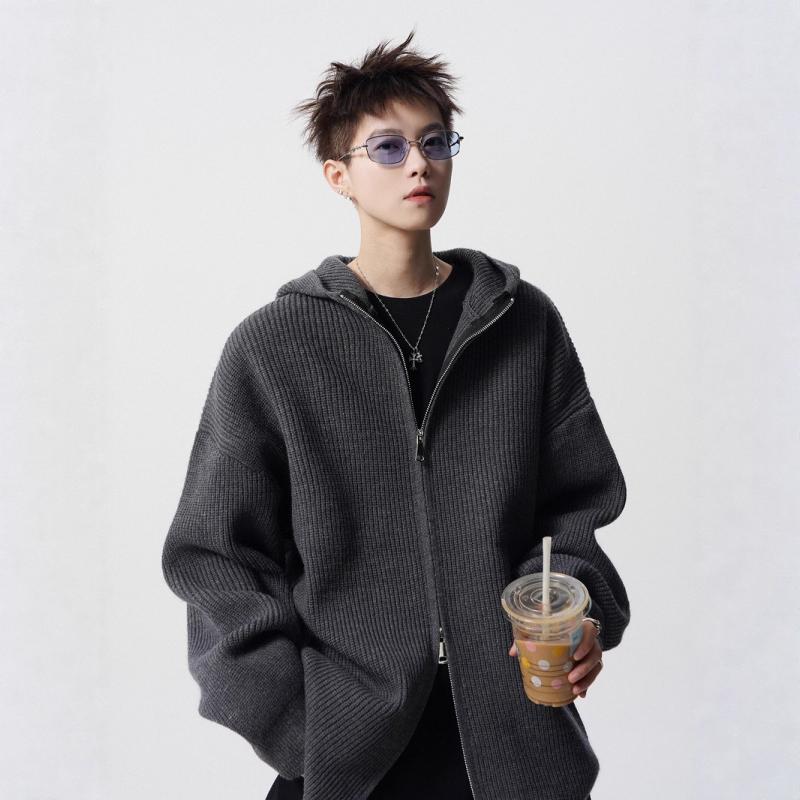 カーディガン メンズ 男性用 ニット アメリカン 秋冬 スポーツ セーター 高 Street リブ 裾 ゆったり 防寒 グレー
